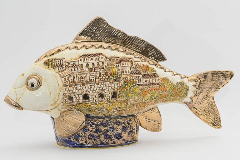 Ceramic ornamental fish with a relief of the city of Jerusalem